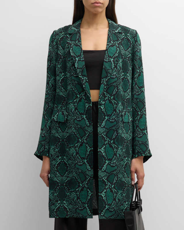 Leah Snakeskin-Print Side-Slit Coat